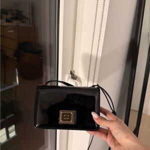 Acne Black Patent Small Crossbody Bag with Brown Accent